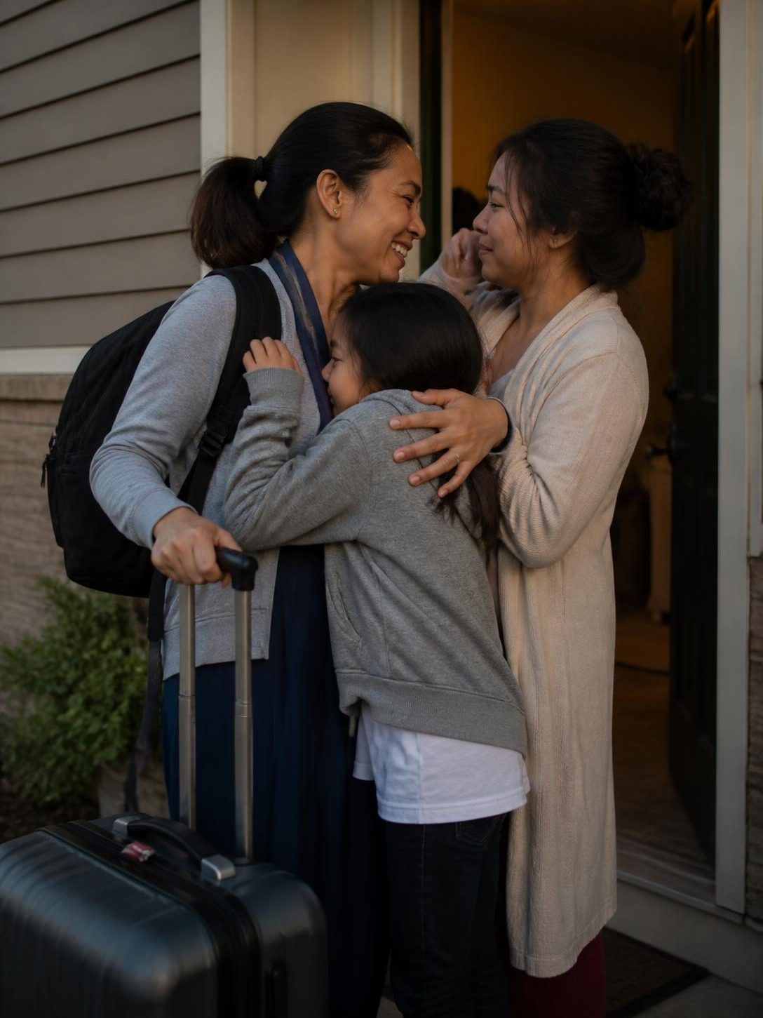 A nurse embracing her daughter and a family member at their new home