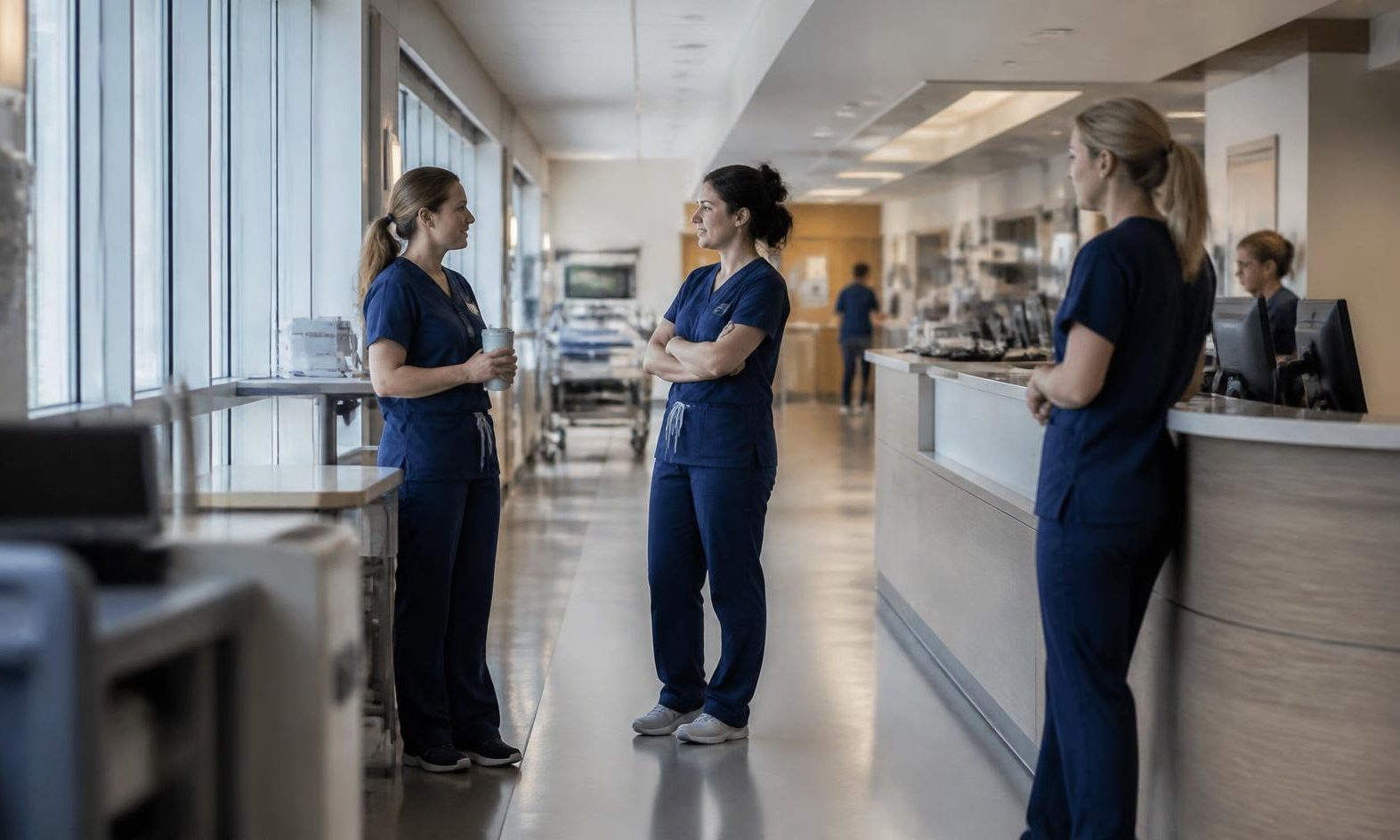 Nurses talking near a nurses' station on a hospital unit
